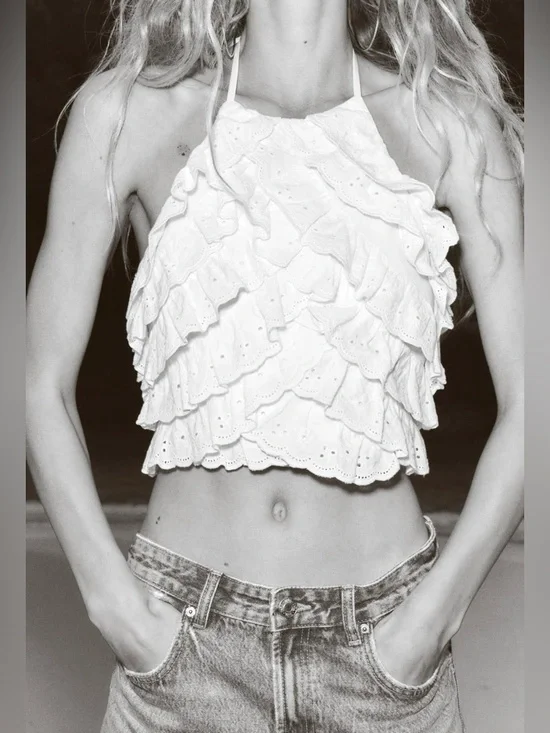 (#30)ZARA Ruffled Embroidered Halter Top - Picture 2 of 7